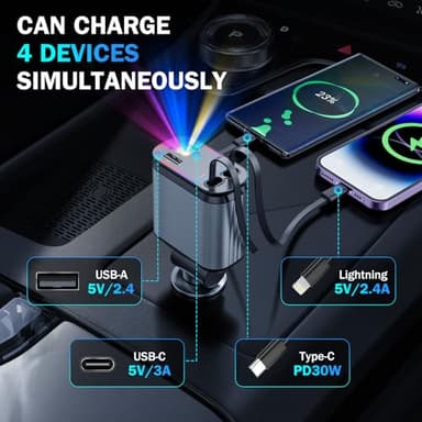 4 in 1 Retractable Car Chargers with Starlight, 66W USB C Fast Car Charger Adapter with 2 USB Ports Car Phone Chargers for All iPhone 16/15/14/13/12/11 and for All Android (Dark Grey - RedLight) - Image 4