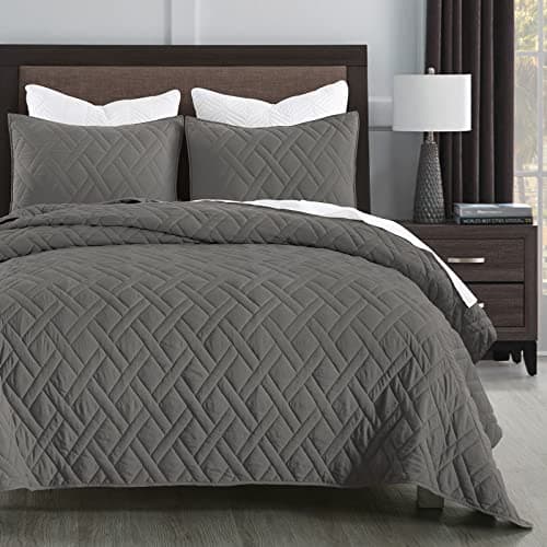 HORIMOTE HOME Quilt Set King Size Grey, Classic Geometric Diamond Stitched Pattern,Microfiber Ultra Soft Lightweight Bedspread Coverlet for All Season, 3 Piece Includes 1 Quilt and 2 Shams - Image 1