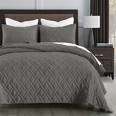 HORIMOTE HOME Quilt Set King Size Grey, Classic Geometric Diamond Stitched Pattern,Microfiber Ultra Soft Lightweight Bedspread Coverlet for All Season, 3 Piece Includes 1 Quilt and 2 Shams - Image 1