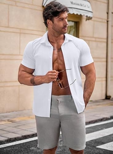JMIERR Men's Muscle Fit Dress Shirts Wrinkle-Free Short Sleeve Casual Button Down Shirt Summer Beach Shirts,L,White - Image 7