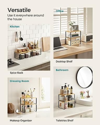 SONGMICS Cabinet Organizer Shelf, Set of 2 Kitchen Counter Shelves, Kitchen Storage, Spice Rack, Stackable, Expandable, Metal and Engineered Wood, Ink Black and Natural Beige UKCS02NB - Image 6
