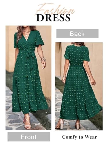 MASCOMODA Womens Boho Swiss Dot Maxi Dresses Wrap V Neck Flutter Short Sleeve Solid Tie Belt A Line Tiered Flowy Long Dress(Dark Green,Small) - Image 6