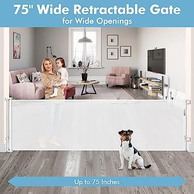 75 Inch Extra Wide Baby Gate for Wide Openings Indoor Outdoor Retractable Baby Gates Extra Wide Retractable Dog Gate Long Pet Gate Dog Gates for The House Extra Wide Child Gates for Doorways, White - Image 2