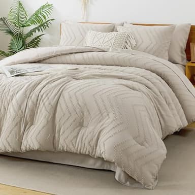Litanika King Size Comforter Set with Sheets Beige - 7 Pieces Bed in a Bag King Chevron Tufted Boho Luxury Bedding Sets with Comforter, Sheets, Pillowcases & Shams - Image 1