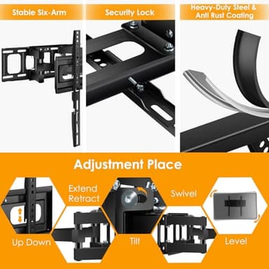 SweeEase 6 Arms TV Wall Mount for 26-65 inch, Full Motion Up Down Swivel Tilt Level Retractable TV Bracket for Flat Curved Max 110 lbs Max VESA 400x400mm, 8"-16" Wood Stud Articulating Wall Mount - Image 6