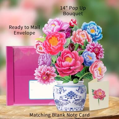 Airpark Pop Up Flower Card, 3D Paper Flowers Bouquet – 14" Peony, Birthday, Mother’s Day, Get Well Greeting Cards with Note Card & Envelope - Image 3