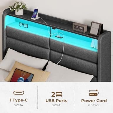 Seventable Twin Size Bed Frame with 3 Storage Drawers & Charging Station, Upholstered Platform Bed with Storage Headboard and LED Light, No Box Spring Needed, Noise Free, Easy Assembly, Dark Grey - Image 5