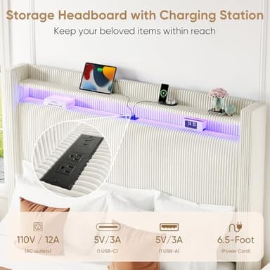 Queen Bed Frame with Tall Headboard, 55.3" Upholstered Platform Bed Frame with LED Lights & Charging Station, Elegant Corduroy Bed Frames/Wingback Headboard, No Box Spring Needed,Easy Assembly, Cream - Image 5