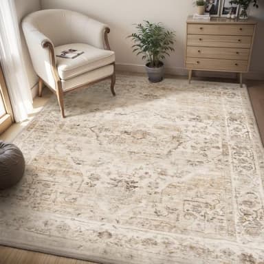 AMOAMI-4X6 Area Rugs for Living Room -Soft Vintage Bedroom Rugs-Non Slip Washable Rug-Throw for Living Room Bedroom Bedside Dining Room Office Beige - Image 1