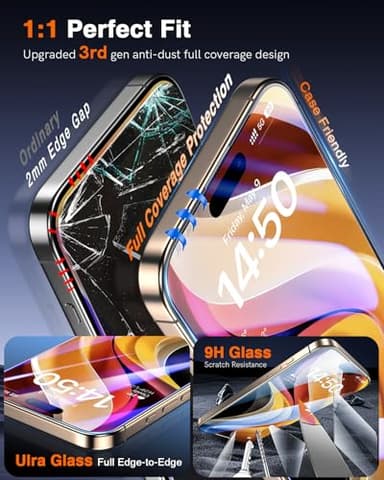 LK 2 Pack for iPhone 17/17 Pro / 16 Pro Screen Protector Tempered Glass, Military Grade Shatterproof [Auto Dust-Elimination, 0 Dust & Bubbles] Anti-Scratch, Max Coverge Screen Protector - Image 6