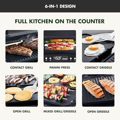 GreenPan 6-in-1 Multifunction Removable Plate Indoor Grill & Electric Griddle, Diamond Infused PFAS Free Ceramic Nonstick Reversible Plates, Opens Flat, Adjustable Temp, Panini Press, Black - Image 4