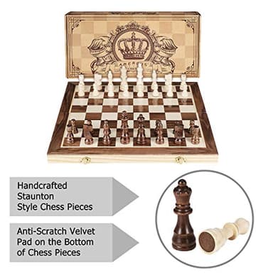 AMEROUS 15 Inches Magnetic Wooden Chess Set - 2 Extra Queens - Folding Board - Pieces Storage Slots, Handmade Portable Travel Chess Game - Beginner Chess Set for Kids, 6 up Age - Image 5