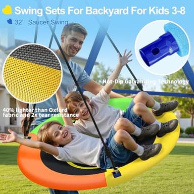 440lbs Kids Swing Set, 3-in-1 Outdoor Playground with Saucer Swing, Belt Seat & 4ft Trampoline, Heavy Duty A-Frame Metal Stand & Safety Stakes, Backyard Playset for Toddlers 3-8 Years Old - Image 6