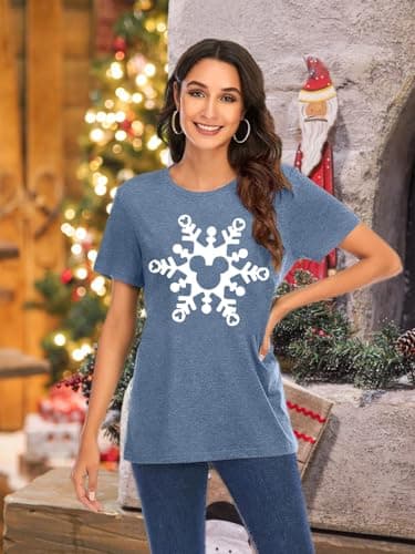 Magic Christmas Shirts for Women Cute Snowflake Graphic Tees Winter Letter Print Short Sleeve Xmas Tops-M (Ink Blue) - Image 5