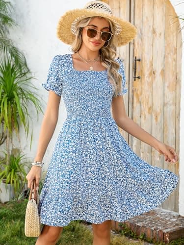 Lyrur Cute Spring Dresses for Women 2025 Trendy Summer Flowy Square Neck Tiered Smocked Midi Dress with Pockets (S,7036 Blue Floral) - Image 4