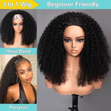 VFFTI Kinky Curly Half Wig Human Hair 200 Density 3 In 1 Drawstring Seamless Flip Half Wigs Wear Go Glueless Wigs Human Hair 18 Inch Curly Half Wig for Women Drawstring Headband Wig Beginner Friendly - Image 3