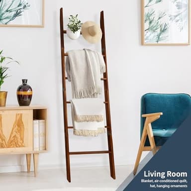 Wooden Blanket Ladder with Removable Hooks, 6-Tier 5.66 Ft (68 Inch) Rustic Blanket Rack, Blanket Ladders for Living Room & Bedroom, Easy Assembly, Perfect for Displaying Blankets & Scarves, Brown - Image 2