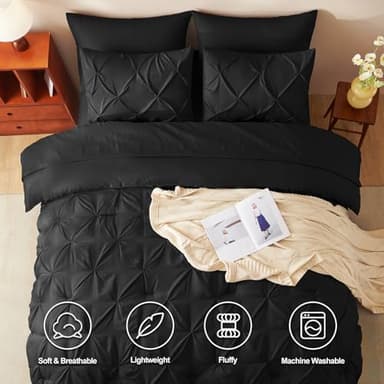CozyLux Queen Comforter Set Black, 7 Pieces Pintuck Bed in A Bag, Premium Black Comforter Queen Size, Pinch Pleat Bedding Sets with Comforter, Sheets, Pillowcases & Shams - Image 2