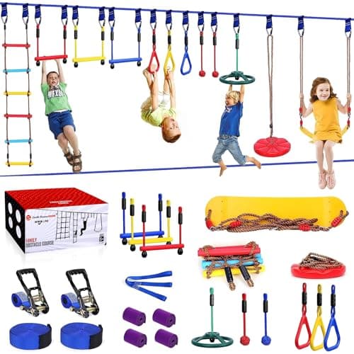 2x65 FT Ninja Warrior Obstacle Course for Kids with 13 Ninja Accessories - 600lbs Weight Capacity, Slackline with Swing Seat, Disc Swing, Ninja Wheel, Rope Ladder, Monkey Bar, Ninja Ring, Arm Trainer - Image 1