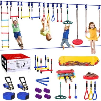 2x65 FT Ninja Warrior Obstacle Course for Kids with 13 Ninja Accessories - 600lbs Weight Capacity, Slackline with Swing Seat, Disc Swing, Ninja Wheel, Rope Ladder, Monkey Bar, Ninja Ring, Arm Trainer - Image 1