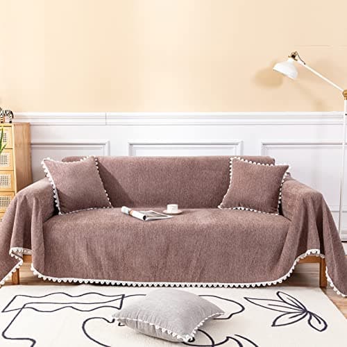 VClife Couch Cover Modern Brown Couch Covers for 2 Cushion Couch Sofa - Washable Chenille Sofa Cover with Lace for Living Room Office RV Bedroom (71"X118") Gift for Christmas Thanksgiving Birthday - Image 1