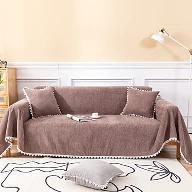 VClife Couch Cover Modern Brown Couch Covers for 2 Cushion Couch Sofa - Washable Chenille Sofa Cover with Lace for Living Room Office RV Bedroom (71"X118") Gift for Christmas Thanksgiving Birthday - Image 1