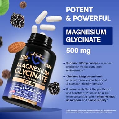 Magnesium Glycinate 500 mg - Chelated Supplement - 98% High Absorption - Support for Sleep, Muscle & Heart Health - Made in USA, Lab Tested & Non-GMO - 120 Capsules - Image 6