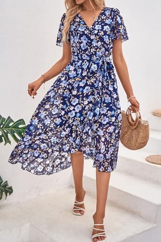 PRETTYGARDEN Women's Summer Floral Boho Dress Wrap V Neck Short Sleeve Ruffle A-Line Flowy Maxi Wedding Guest Dresses (Navy White Floral,Large) - Image 6