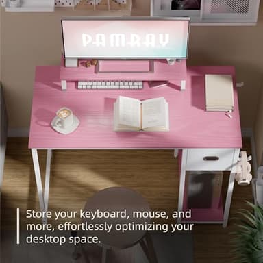 Pamray 39 Inch Computer Desk with Monitor Stand Small Home Office Desks with Non-Woven Storage Drawer for Bedroom Study Table Writing and Work Desk Pink - Image 3