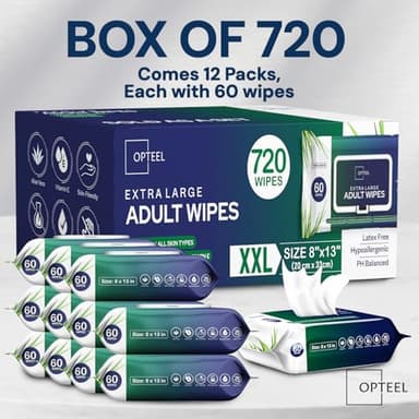 OPTEEL Adult Wipes For Elderly - 8"x13" Extra Large & Soft Wet Wipes for Adults Bathing No-Rinse - Incontinence Disposable Washcloths, Vitamin E & Aloe Infused for Men & Women 720ct (12 Packs of 60) - Image 8