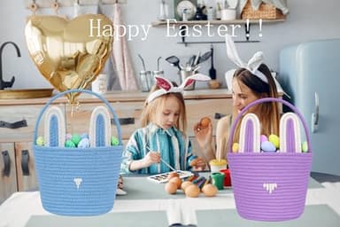 Easter Basket,Bunny Easter Baskets,Easter Buckets for Kids Girls Boys Easter Egg Hunting Basket,Bunny Rabbit Easter Tote Bags for Easter Decorations Candy Gifts Toy(Grey) - Image 2
