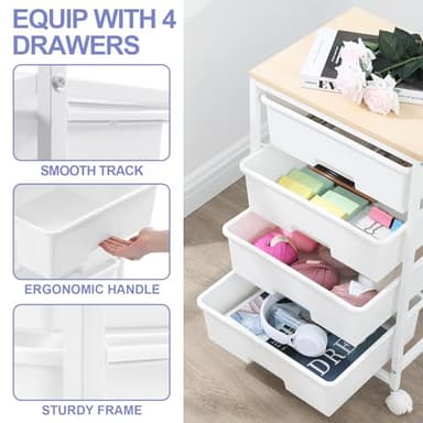 SYKIARIOL Utility Cart with 4 Drawers, Multipurpose Rolling Storage Cart with 4 Drawers and 2 Lockable Wheels, 4-Tier Rolling Storage Cart Organizer for Home Office Dorm, Bright White - Image 2