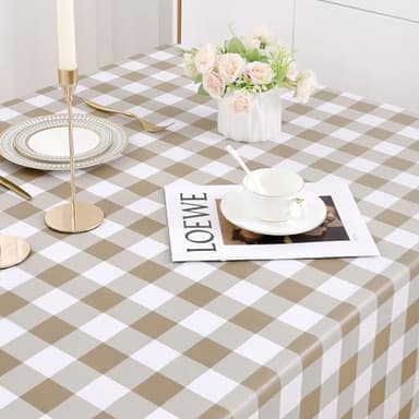misaya Rectangle Waterproof Vinyl Table Cloth, Buffalo Flannel Backed Tablecloth, Wipeable Plastic Table Cover for Fall, Thanksgiving (52" x 70", Khaki and White) - Image 9
