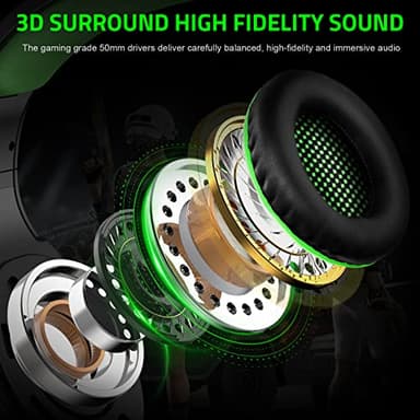 Pacrate Gaming Headset with Microphone for PC, PS4, PS5, Switch, Xbox Series X/S, Noise Cancelling Gaming Headphones with LED Lights for Kids Adults, Black Green - Image 3