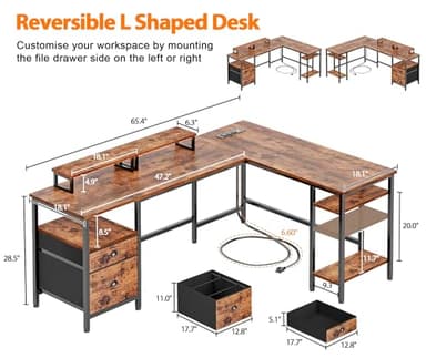 Furologee 66” L Shaped Desk with Power Outlet, Reversible Computer Gaming Desk with File Drawer & 2 Monitor Stands for Home Office with Storage Shelves, Rustic Brown - Image 3