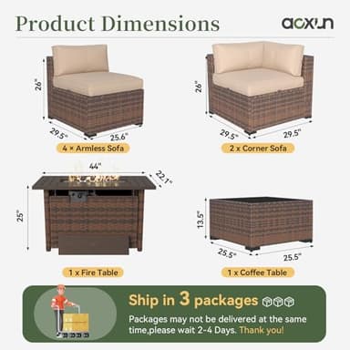 Aoxun 8 Piece Patio Furniture Set with 44” Fire Pit Table Wicker Rattan Outdoor Sectional Sofa Set with Coffee Table and Thickened Cushions, Beige (Waterproof Cover Included) - Image 2