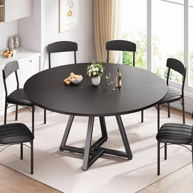 Jocoevol 51“ Round Kitchen Dining Room Table for 6-8, Circle Dining Dinner Table with Pedestal Metal Frame, Space Saving Wood Industrial Furniture for Small Space (Black, 51In) - Image 2