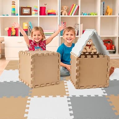 16 Tiles Baby Play Mat for Floor, EVA Foam Baby Floor Play Mat with 0.6 Inch Thick Interlocking Foam Tiles, Foam Floor Tiles for Baby, Toddlers and Kids (Grey-White- Brown, 16PCS) - Image 3