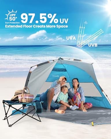 OutdoorMaster Beach Tent Sun Shelter for 3-4 Person, Pop Up Beach Tent Easy Setup with Sandbags, Portable Sun Shade Canopy with Carrying Bag for Beach & Outdoor, UPF50+ UV Protection - Ocracoke Coast - Image 2