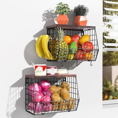 Wawocs 2 Tier Fruit Bowl Fruit Basket for Kitchen Counter Stackable Wall Mounted Hanging Basket Wire Baskets with Wood Lid with 4 Banana Hanger Hooks, Onion Basket, Fruit and Vegetable Storage - Image 2
