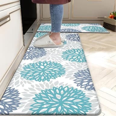 Teal Kitchen Mats Set of 2 Cushioned Anti Fatigue Kitchen Rugs Non Slip Waterproof Runner Memory Foam Kitchen Floor Mat Comfort Standing Mat for Sink,Office,Laundry - Image 1
