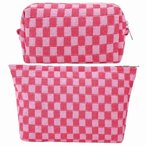 GUTGNK 2-Pack Makeup Bag For Women - Large Checkered Knitted Cosmetic Bags&Small Makeup Pouch Aesthetic Design Travel Toiletry Bag Skincare Bag Car Storage Bag With Zipper(Pink) - Image 1