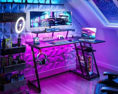 MOTPK Gaming Desk with LED Lights & Power Outlets, 47 Inch L Shaped Computer Desk with Storage Shelf, & Monitor Stand, PC Gaming Table with Carbon Fiber Texture, Black - Image 2