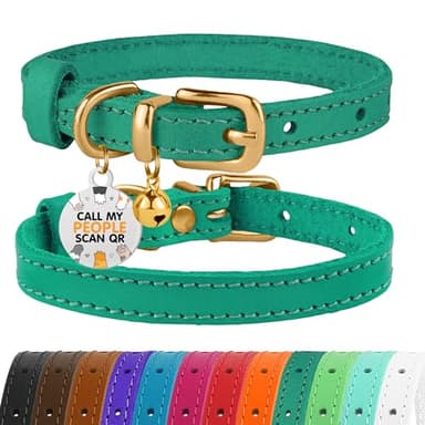 BRONZEDOG Leather Cat Collar with Removable Bells Non Breakaway Kitten QR Tag for Girl Boy (7" - 9" for Cats, Green & Gold) - Image 1