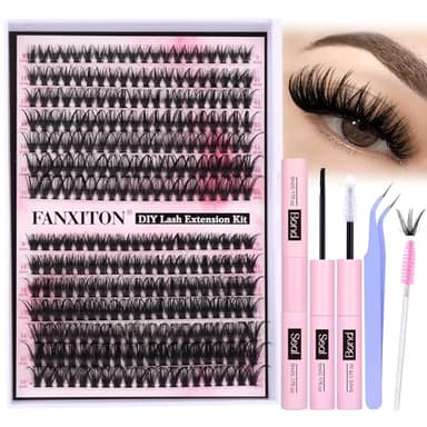 FANXITON DIY Lash Extension Kit Volume Lash Clusters 40D+50D D Curvature Individual Lashes Lash Clusters Kit Thick Eyelash Extension Kit 280 pcs Thin Band Cluster Lashes Lash Bond and Seal Tweezers - Image 1