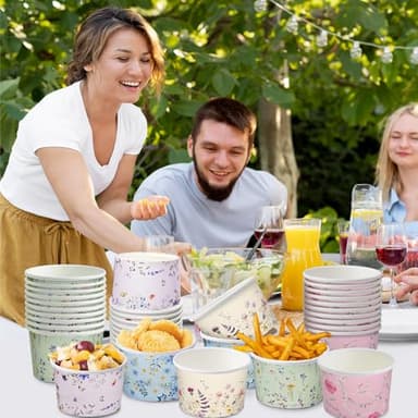 Nihuecne 100 Pcs 9 oz Floral Themed Disposable Dessert Paper Bowls in 5 Designs, Disposable Soup Bowls for Events, Game Day, Birthday Party Supplies, Perfect for Hot or Cold Food - Image 5