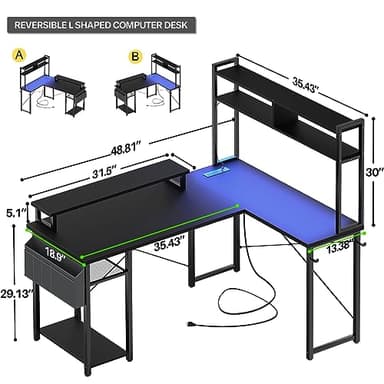 Aheaplus Small L Shaped Gaming Desk with LED Lights & Power Outlets, Reversible L-Shaped Computer Desk with Monitor Stand & Storage Shelf, Corner Desks Home Office Desk with Storage Bag, Black - Image 2