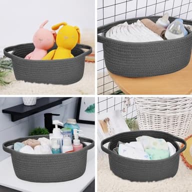 ABenkle Small Woven Storage Basket with Handles - 12"x8"x5", Decorative Rope Bin for Home Organization, Cat & Dog Toys, Shelf Storage, Gift Basket - Deep Grey - Image 4
