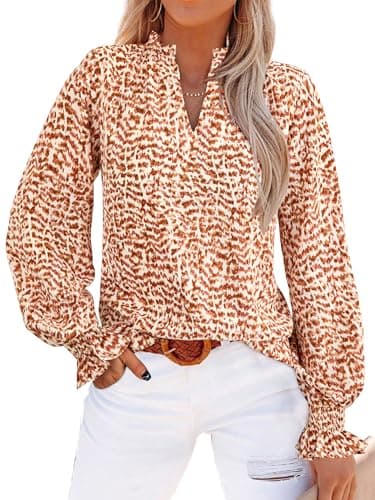 MASCOMODA Womens V Neck Floral Long Sleeve Tops 2025 Summer Casual Loose Puff Sleeve Chiffon Boho Work Blouse Dressy T Shirts(Floral Orange,Large) - Image 1