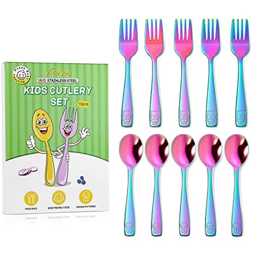 VITEVER 10 Pack Toddler Utensils, Stainless Steel Rainbow Silverware Set for Kids, Children Safe Cutlery Set Includes Forks and Spoons - Dishwasher Safe - Image 1